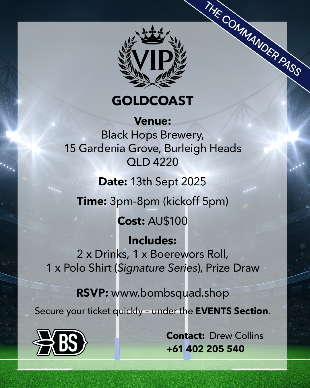 MATCH WATCH PARTY - Gold Coast, Australia. Saturday 13th Sep 2025 - Commander Pass