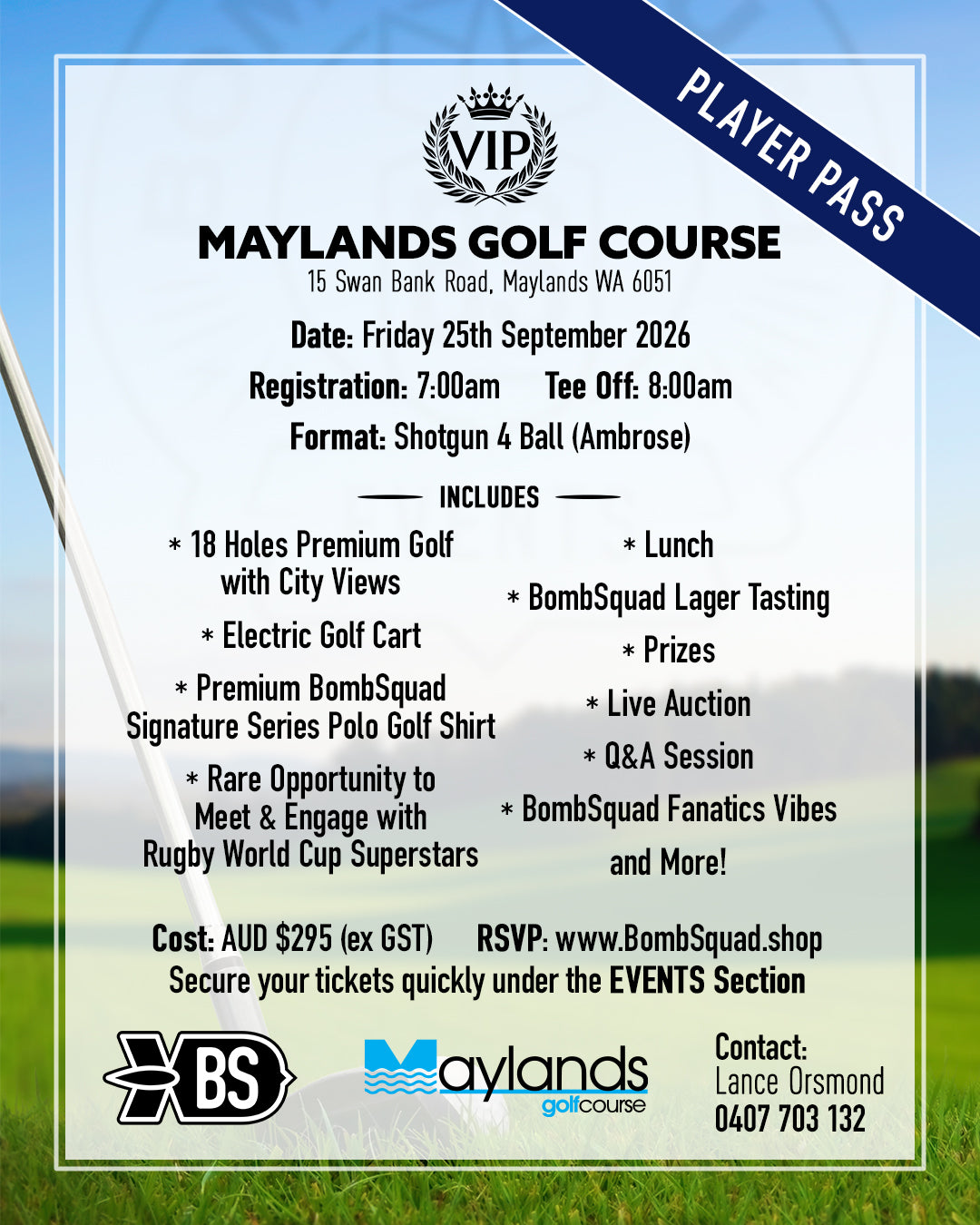 Single PLAYER PASS-Maylands Golf Course,PERTH,Australia. Friday 25th September 2026