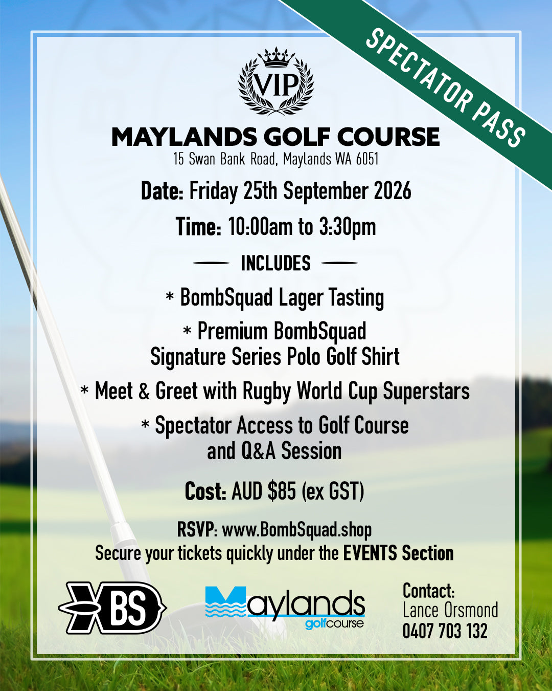 SPECTATOR PASS -Maylands Golf Course,PERTH,Australia. Friday 25th September 2026