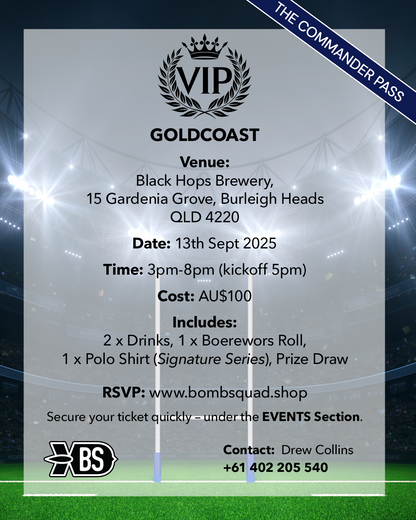 MATCH WATCH PARTY - Gold Coast, Australia. Saturday 13th Sep 2025 - Commander Pass
