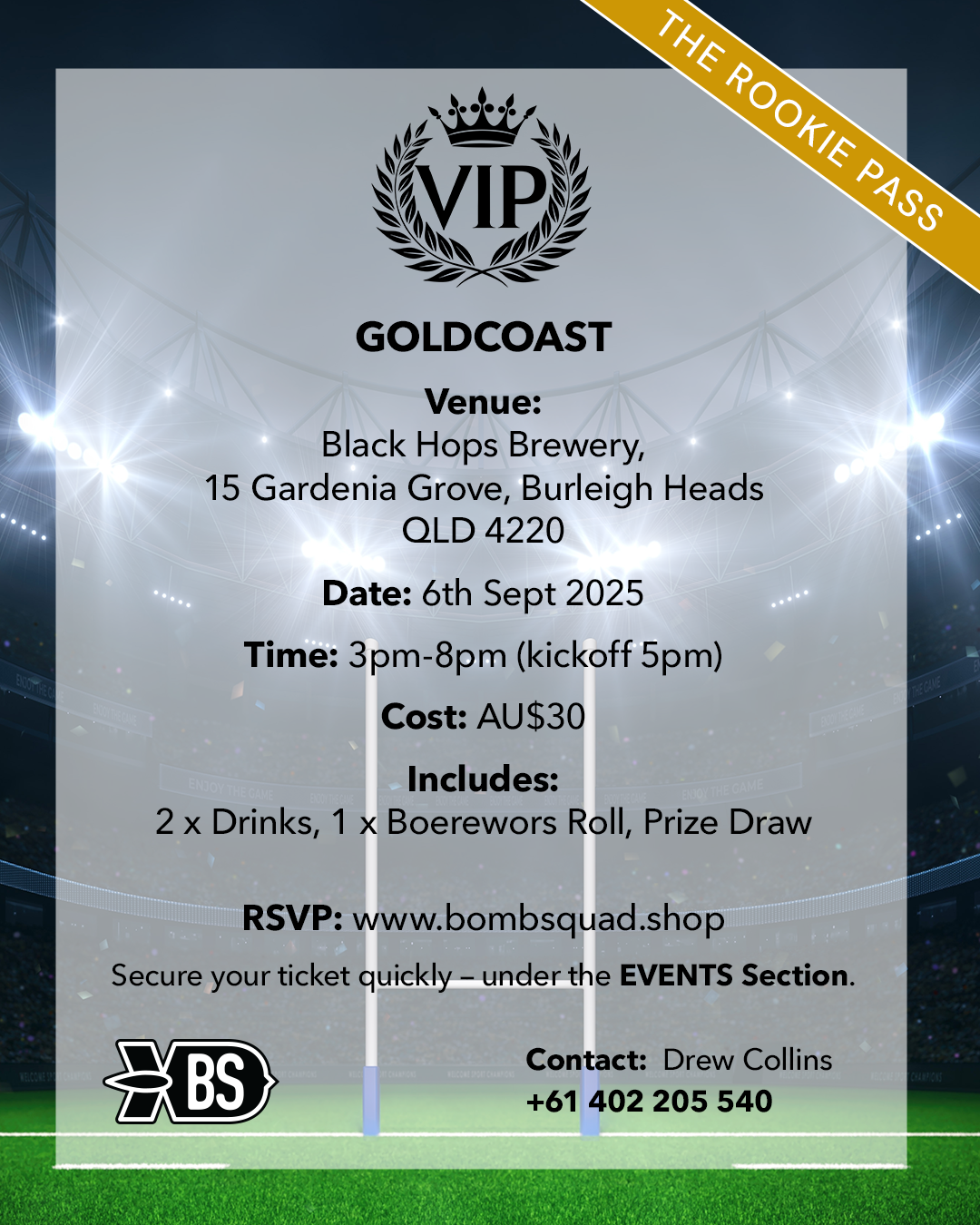MATCH WATCH PARTY - Gold Coast, Australia. Saturday 6th Sep 2025 - Rookie Pass